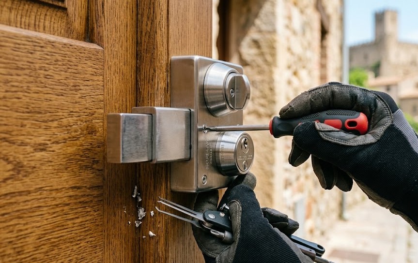 Técnico instalando cerradura anti-bumping de alta seguridad en una vivienda en La Roca del Vallès