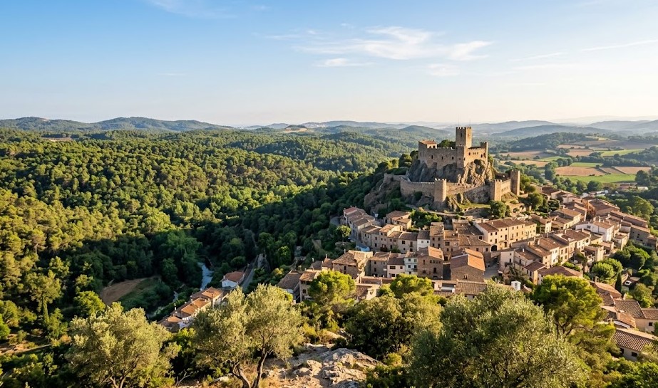 Vista paisajística del castillo de La Roca del Vallès y su entorno natural